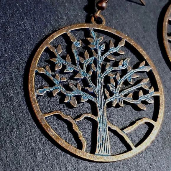 Antique Copper Verdigris Blue Green Patina Open Tree of Life Earrings - Picture 3 of 7